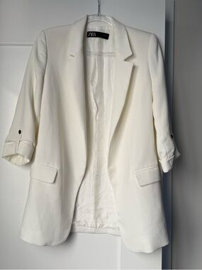 Zara White Three-Quarter Sleeve Tailored Blazer